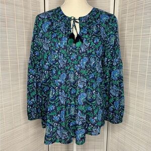 Vineyard Vines Floral Pleated Top Blue Green Size S Cotton Blend Elastic Cuff